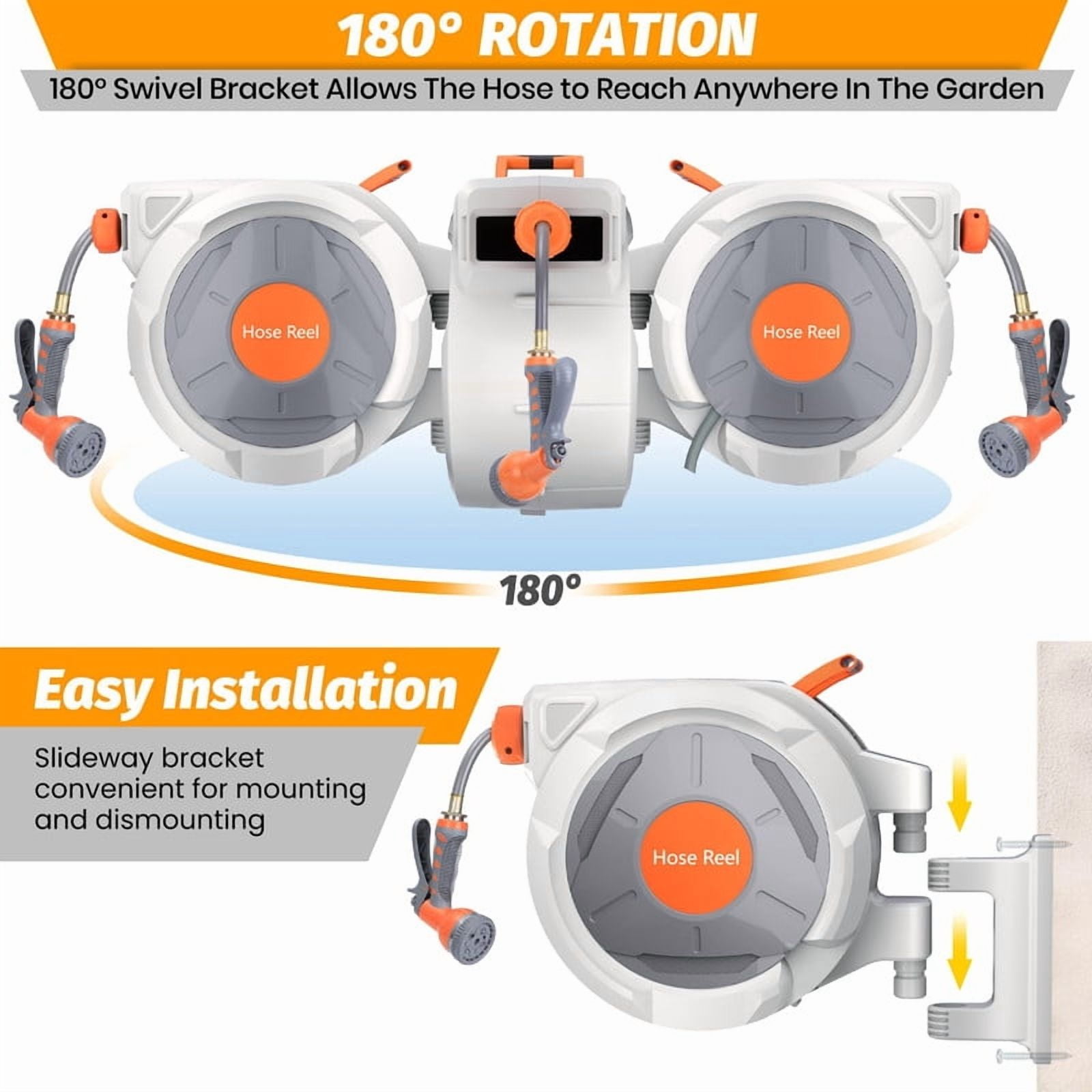 Towallmark 130 FT Retractable Garden Hose Reel, Wall Mount Hose Reel, Auto Rewind Hose Reel, 9 Function Spray Nozzle with Any Length Lock, 180° Swivel Bracket for Garden Watering Storage
