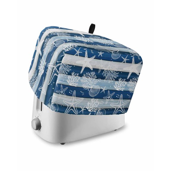 Navy Blue Coastal Beach Small Toaster Cover 2 Slice, Kitchen Appliance Covers, Nautical Starfish Coral Vintage Wooden Toaster Oven Cover with Loop, Bread Machine Cover Polyester Dust Cover Protection