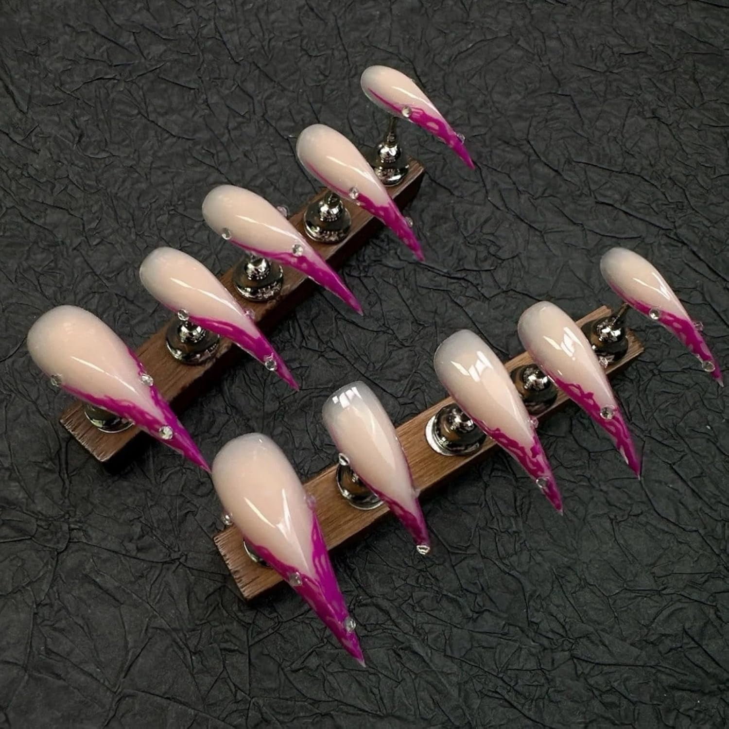 Cat Claw Press on Nails Nude with Purple French Trim Long Stiletto Handmade Reusable Thick Acrylic Cat Dragon Eagle Claw False Nail Glossy Glue on Nail with Y2K Style Design