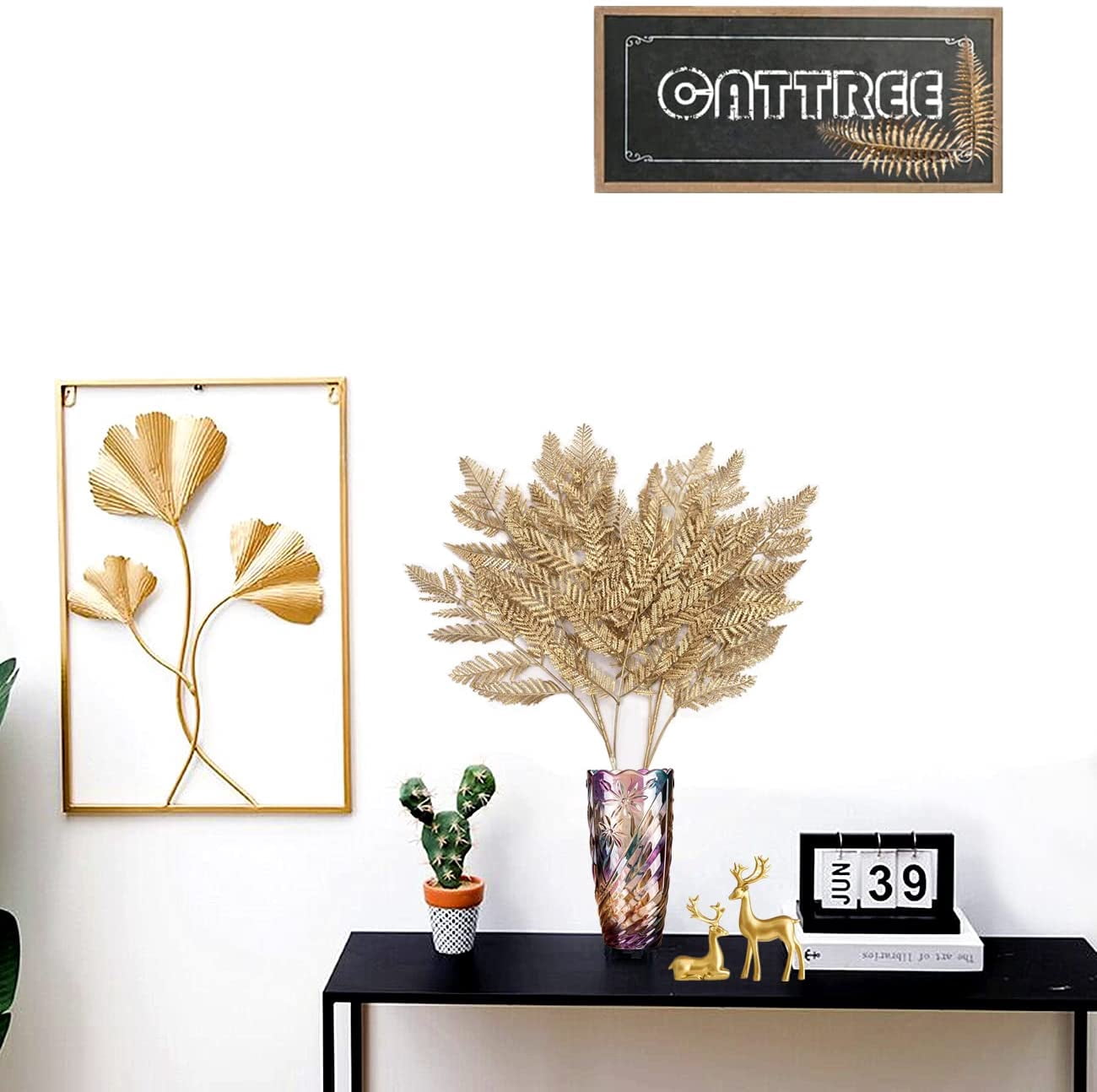 Artificial Plants for Christmas, Plastic Grass Faux Shrubs Fake Leaves Simulation Bushes Home Indoor Outdoor Garden Wedding Festival Decoration Hall Office Table Planter Filler – Gold 2 Pack