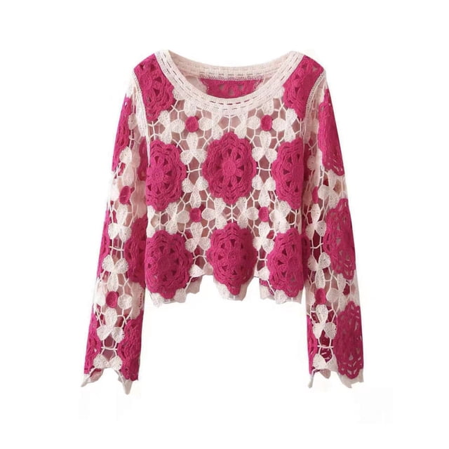 ZAXARRA Femmes Printemps Été Tricot Tops Manches Longues Col Rond Floral Crochet Casual Crop Tops