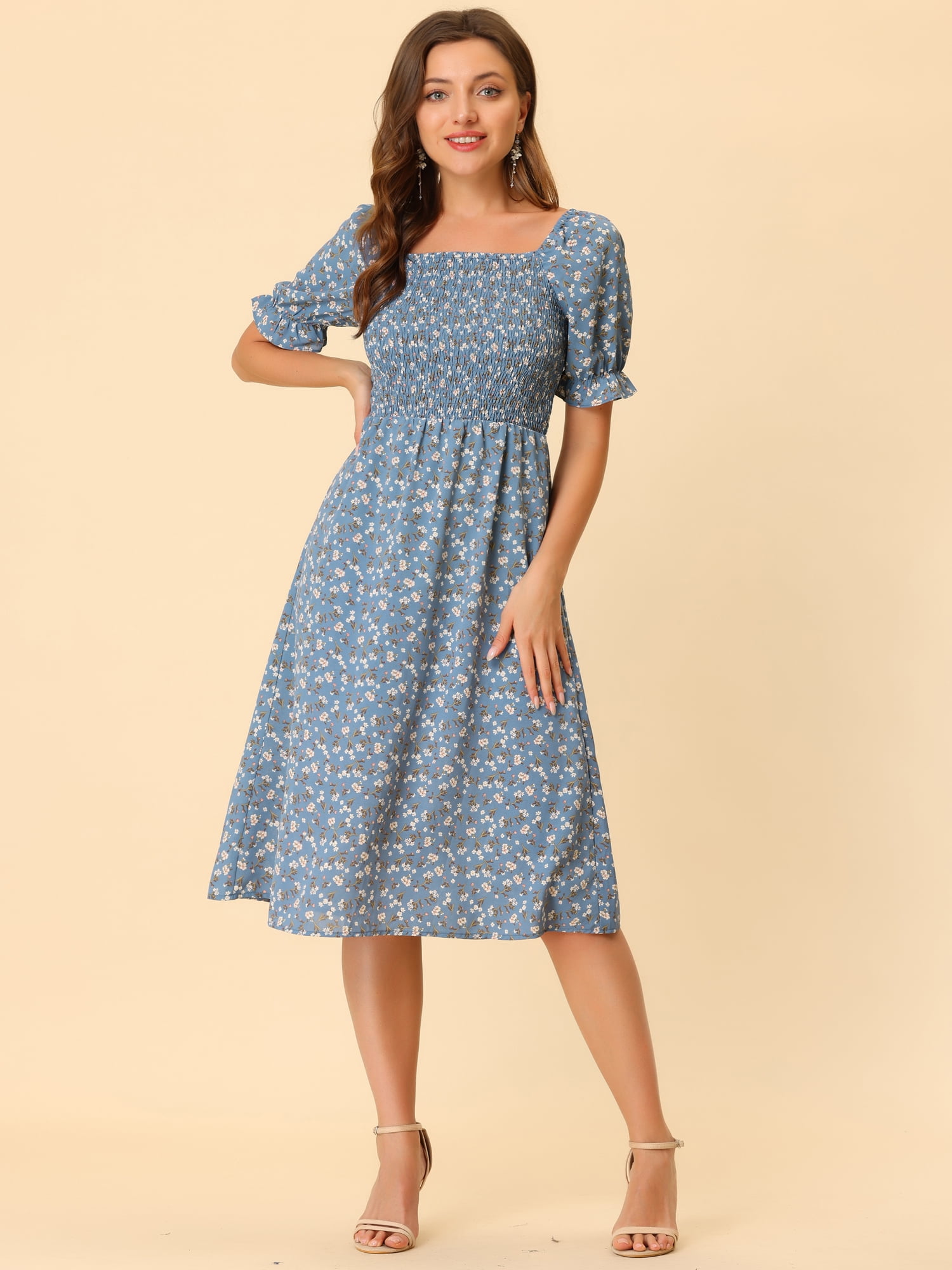 DARING DIVA Square Neck Puff Sleeves Smocked Waist Midi Floral Dres M Dusty Blue