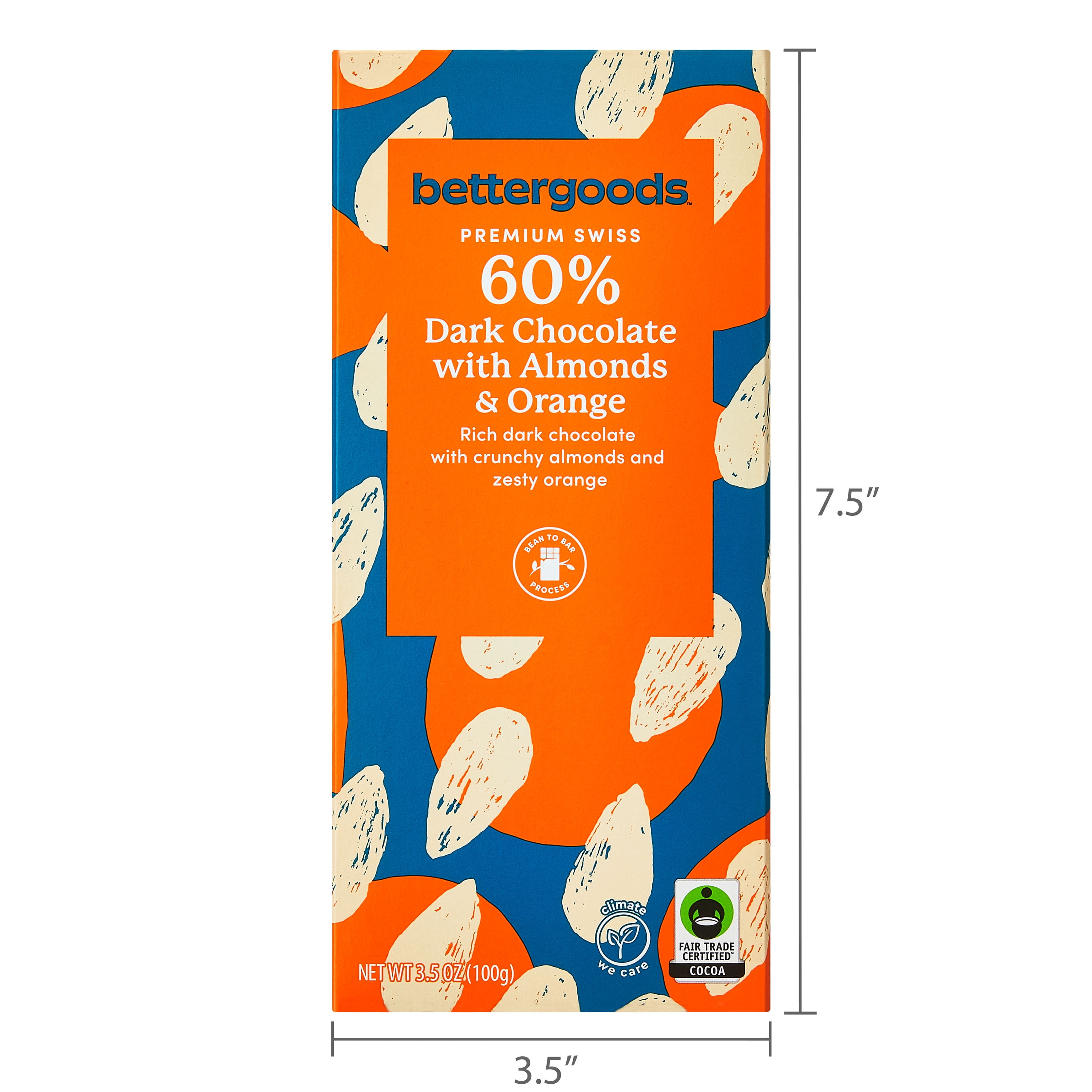 bettergoods Premium Swiss 60% Dark Chocolate Bar with Almonds & Orange, 3.5 oz
