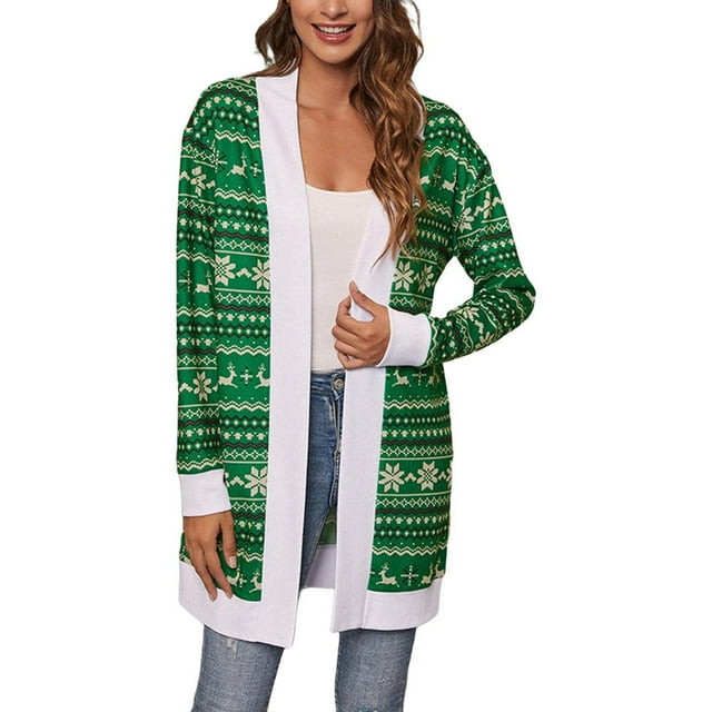 Cardigan de Noël à Col Ouvert pour Femmes, Manches Longues, Tricoté, P-2TG