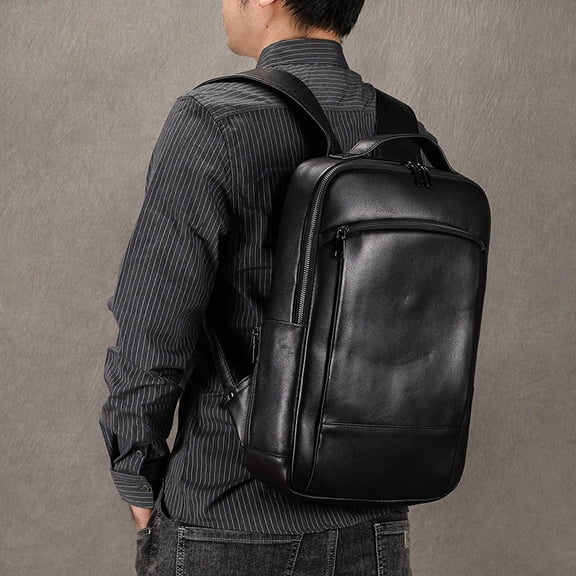 High-end Men's Leather Large-capacity Backpack 16-inch,Double Zipper Main Bag