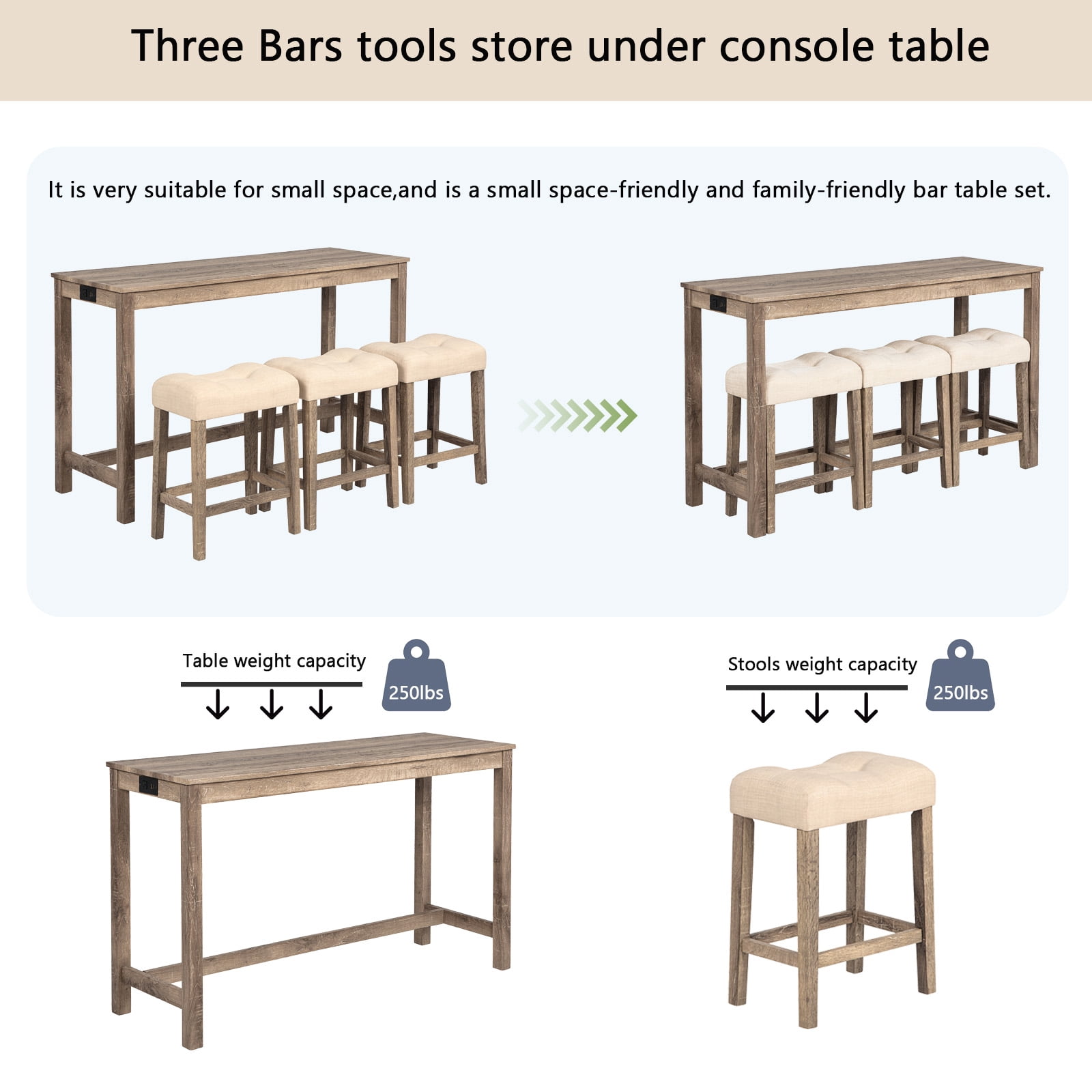 Aukfa 4 Piece Bar Table Set with Power Outlet, Breakfast Table with 3 Padded Stools, Dining Table and Chairs Set for Living Room, Dining Room, Brown