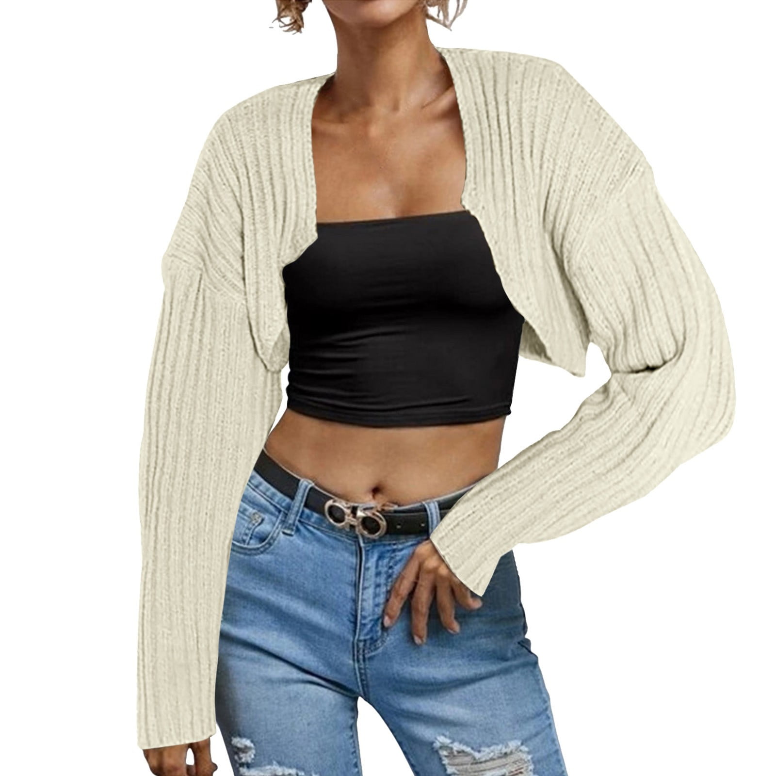 Women Long Sleeve Open Front Ribbed Knit Crop Cardigan Solid Loose