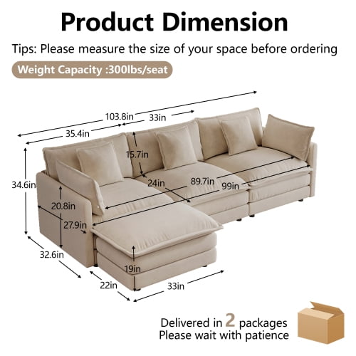 103.8" Oversized 3-Seater Modular Sofa with Ottoman, L-Shaped Sectional Couch,Reversible U-Shape Configuration, 5 Movable Pillows, Solid Wood Frame, Light coffee