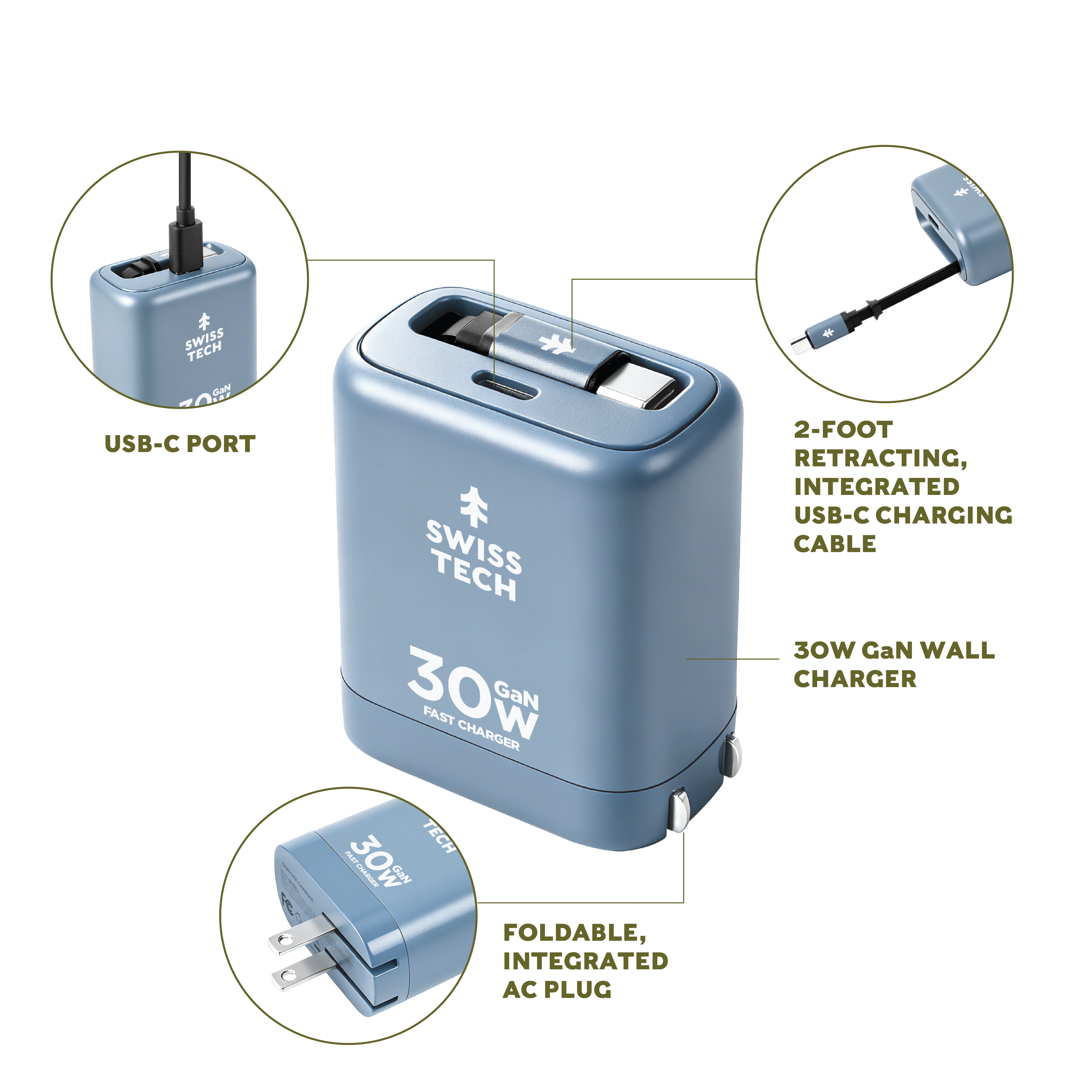 Swiss Tech Mussen 30W USB-C Wall Charger with Retractable Cable, Fast PD Charging, Cresta Blue
