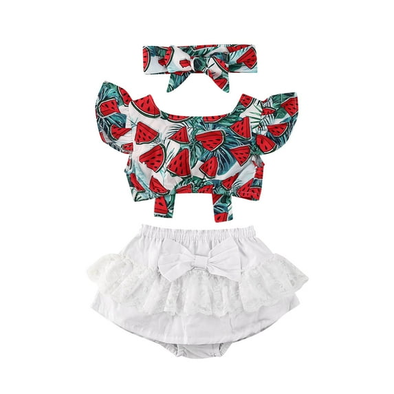 Seyurigaoka Girls 3 Pieces Outfit, Watermelon Print Crop Tops + Shorts + Headband