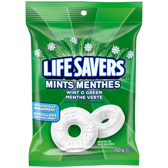 LIFE SAVERS, Wint O Green Individually Wrapped Candy Mints, Bag, 150g