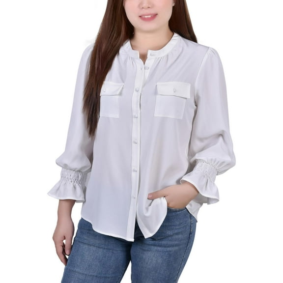 NY Collection Womens Petites Y Neck Smocked Button-Down Top