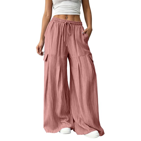 Hurxie Baggy Pants for Women Boho Casual Palazzo Pants Wide Leg Long Lounge Trousers with Pockets Pink,2XL