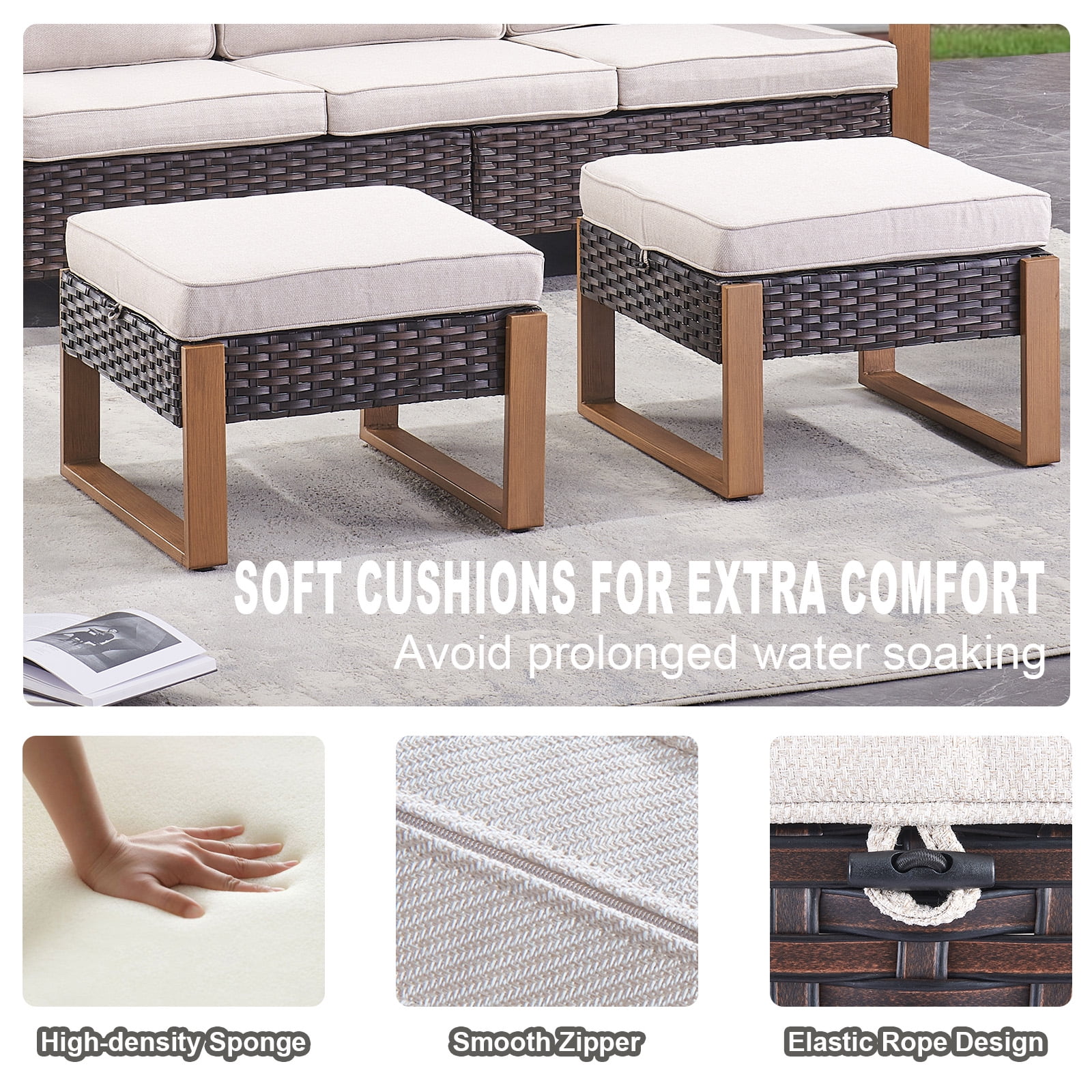 POCASSY 75" Wide Outdoor Sofa Outdoor Furniture Sets, All-Weather Brown Wicker Rattan Outdoor Couch with Ottomans and Cushions for Garden Backyard Poolside, Beige