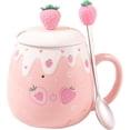 thumbnail image 1 of Tazas bonitas de fresa, taza de café rosa, taza de cerámica Kawaii, té de la mañana, taza de leche y fruta con tapa encantadora, cuchara, novedad creativa, 500ml, 1 of 5