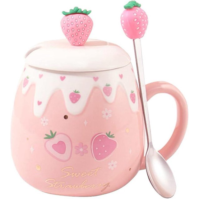 Tazas bonitas de fresa, taza de café rosa, taza de cerámica Kawaii, té de la mañana, taza de leche y fruta con tapa encantadora, cuchara, novedad creativa, 500ml