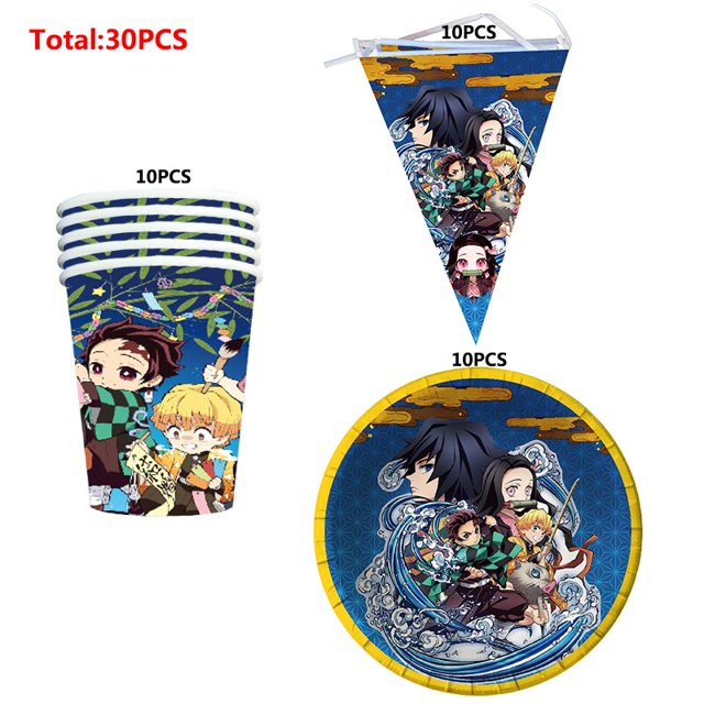 Demon Slayer Kamado Nezuko juego de decoración de fiesta temática, suministros, taza de papel, plato, cuchara de tejido, globo para Baby Shower, cumpleaños de niña