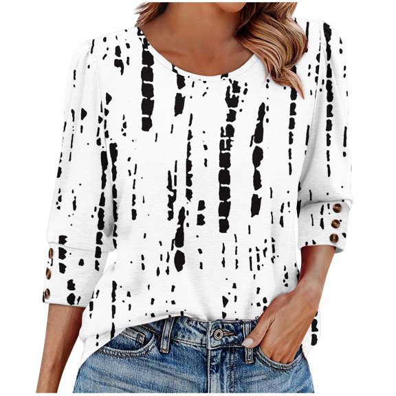 Vetsdori 3/4 Sleeve Tops for Women Tunic Plus Size Pullover Graphic,Button up Summer Lightweight Juniors Blouses Trendy
