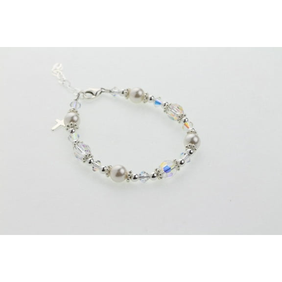 Cross Bracelet  Girl Baby Baptism Christening, Communion, Confirmation, White pearls ,European Crystals