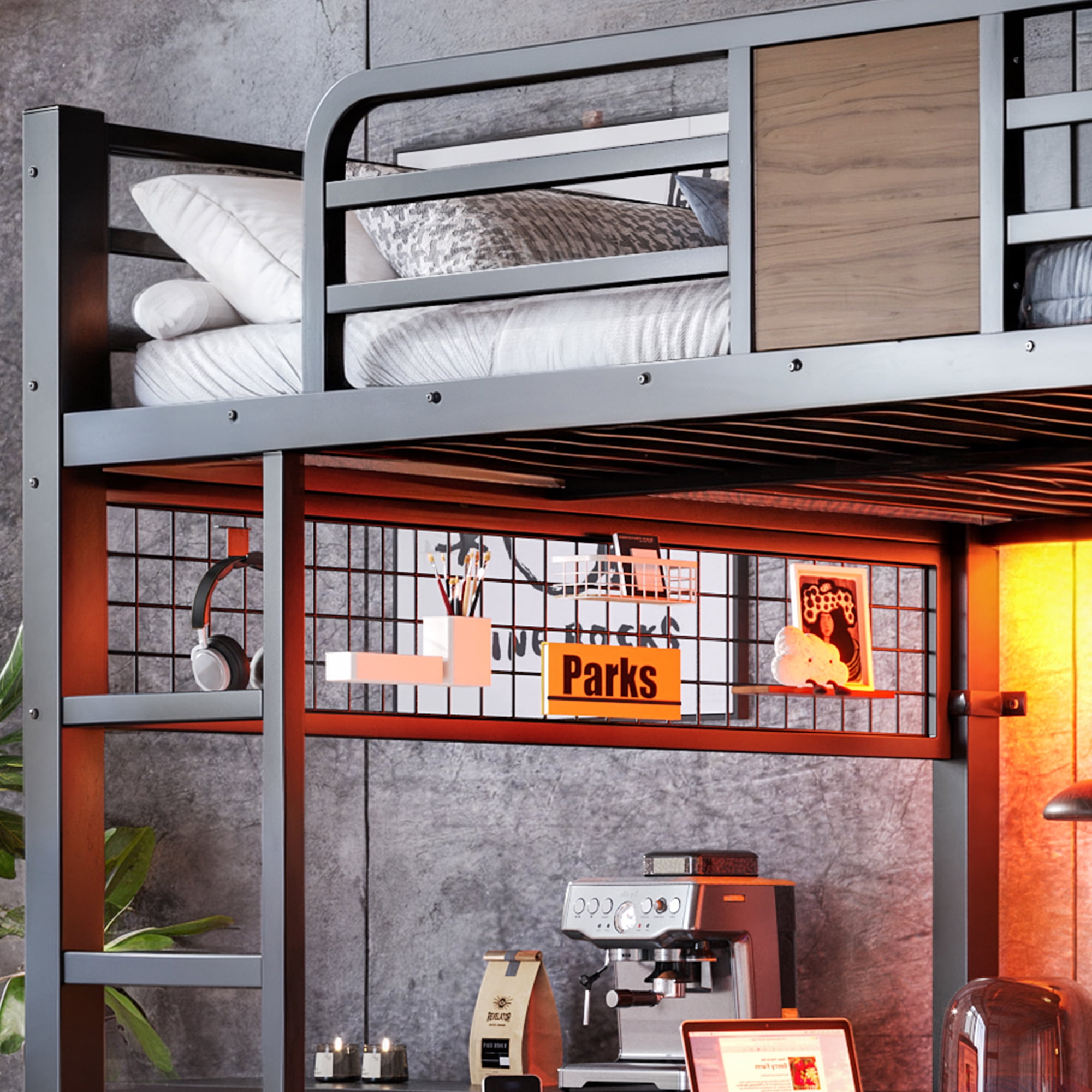 Mintazer Full Metal Loft Bed with L-Shaped Desk & LED Light Strip, Loft Bed Frame with Charging Station and Clothes Hanging Rod & Storage Shelves for Teen Adult Small Apartment Dorm, Black & Walnut