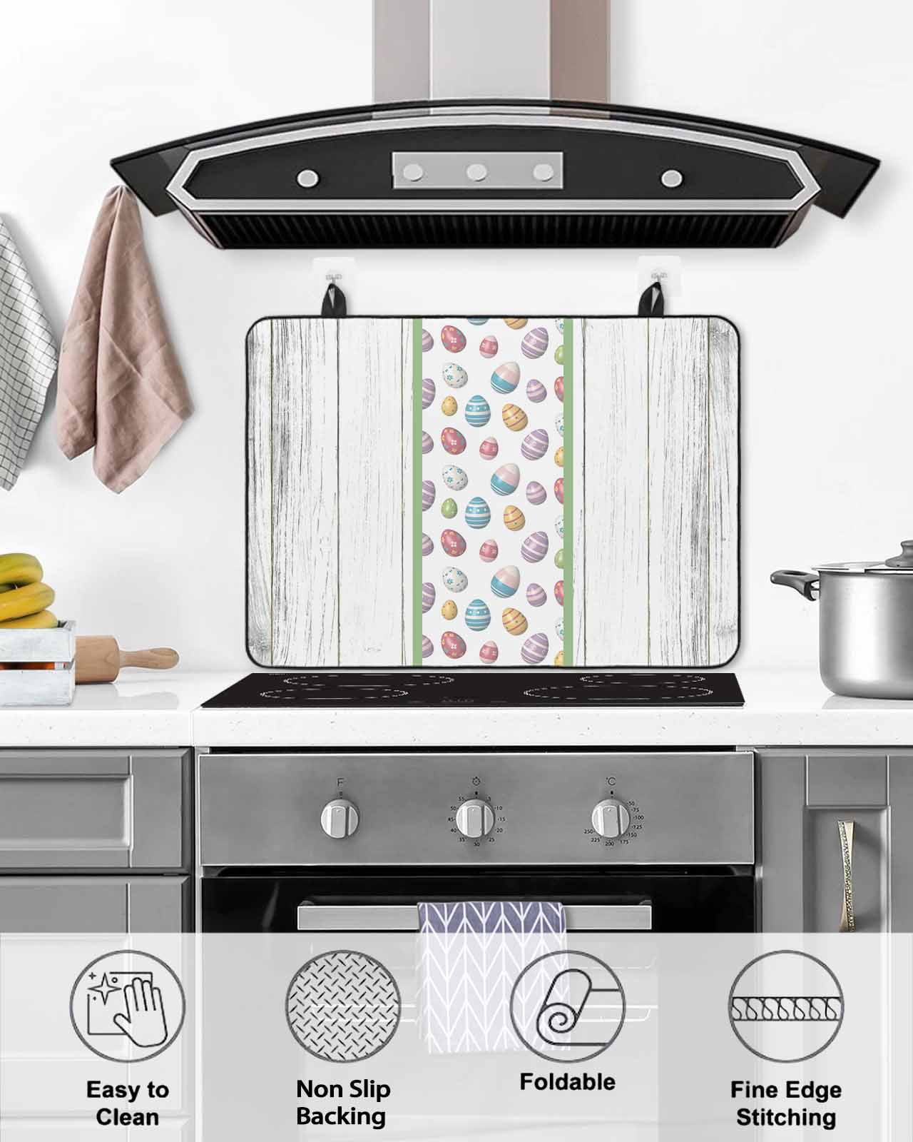 Large Induction Cooktop Protector Mat Easter Stove Top Covers for Electric Stove, Cartoon Colored Eggs Grey White Wooden Grian Decorative Stove Burner Cover Mats, Glass Top Stove Cover