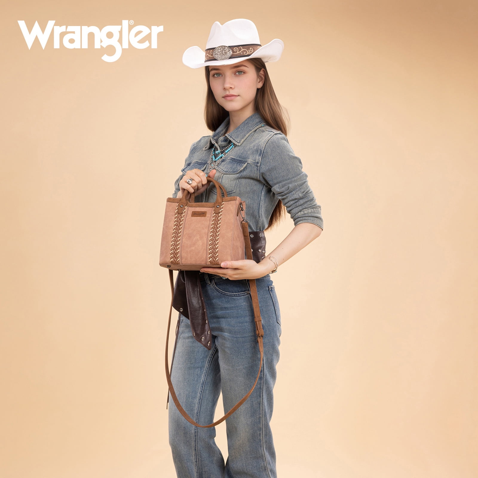 Wrangler Womens Braided Tote Bag Western Style Suede Top Handle Handbag With Detachable Crossbody Strap, Dark Pink