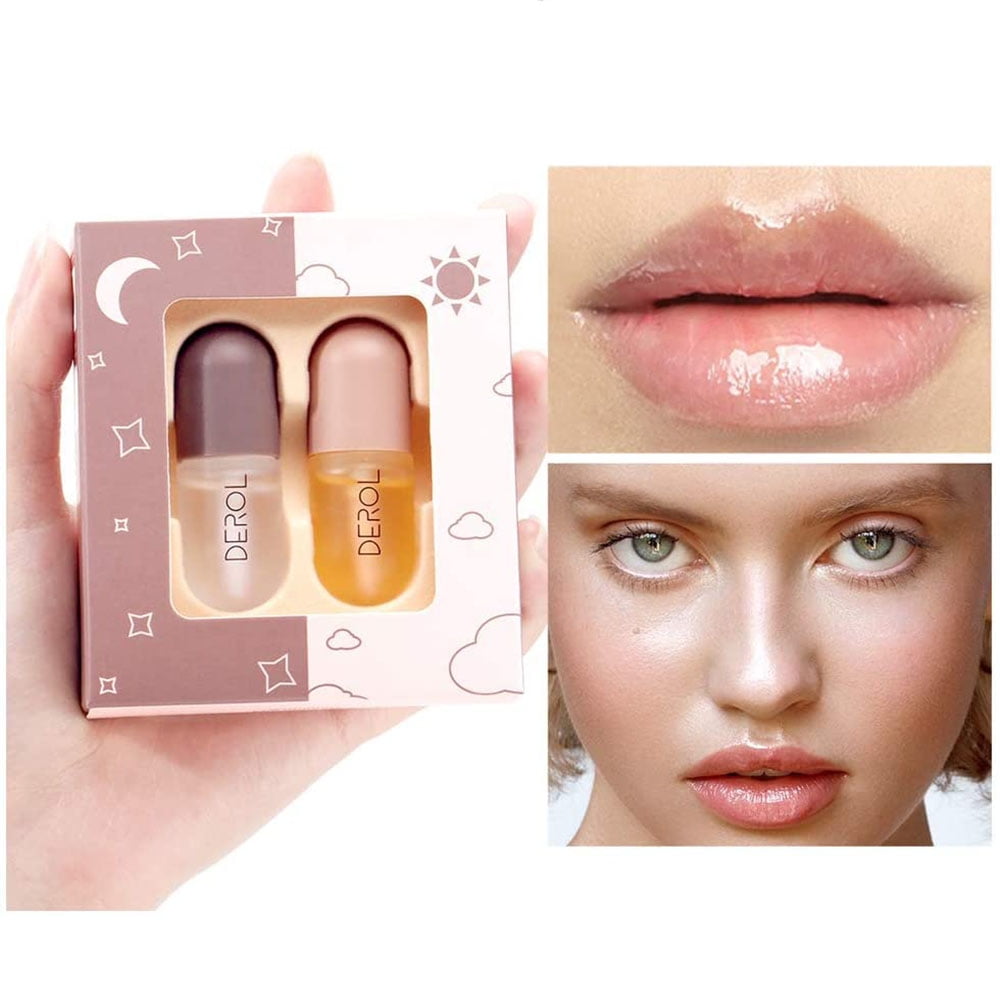 Lip Plumper Set, Natural Derol Plumping Lip Gloss Day and Night Lip