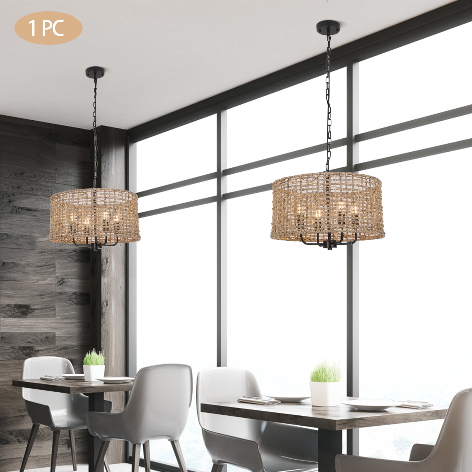 Wuzstar Hand Woven Rattan Chandelier Pendant Light Fixture 4-Light Farmhouse Rattan Light Fixtures for Kitchen Island Dining Room