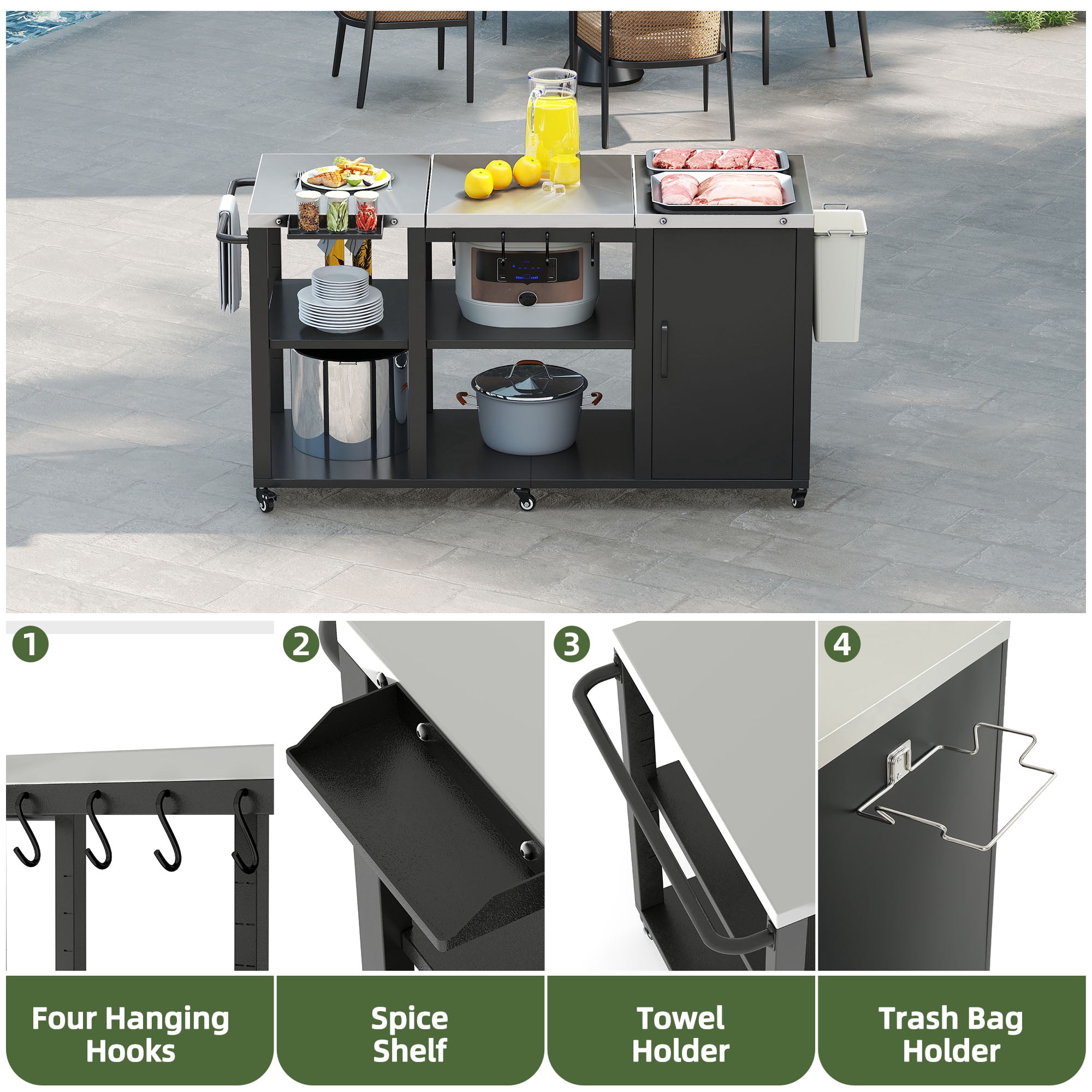 Uforic Grill Cart with Storage Cabinet, Movable BBQ Prep Table Foldable Tabletop