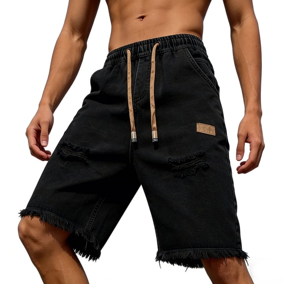 LEKWK Denim Shorts for Men Distressed Loose Fit Bermuda Mid Rise Elastic Waist Drawstring Shorts with Pockets Streetwear Casual Shorts Summer Outfits Black M