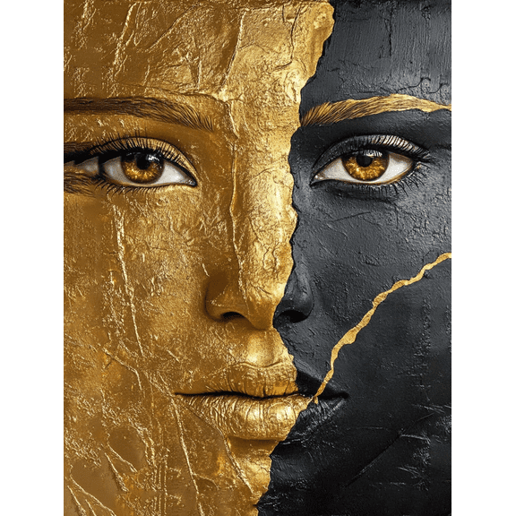 Gold and Black Abstract Face Canvas Painting,Suitable for Living Room,Bedroom,Office,Gallery Wall,Hotel Decor