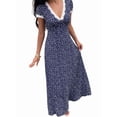 thumbnail image 4 of Women'S Floral Lace Trim Deep V Neck Dress Short Sleeve Flared Long Dresses Dark Blue S, 4 of 9