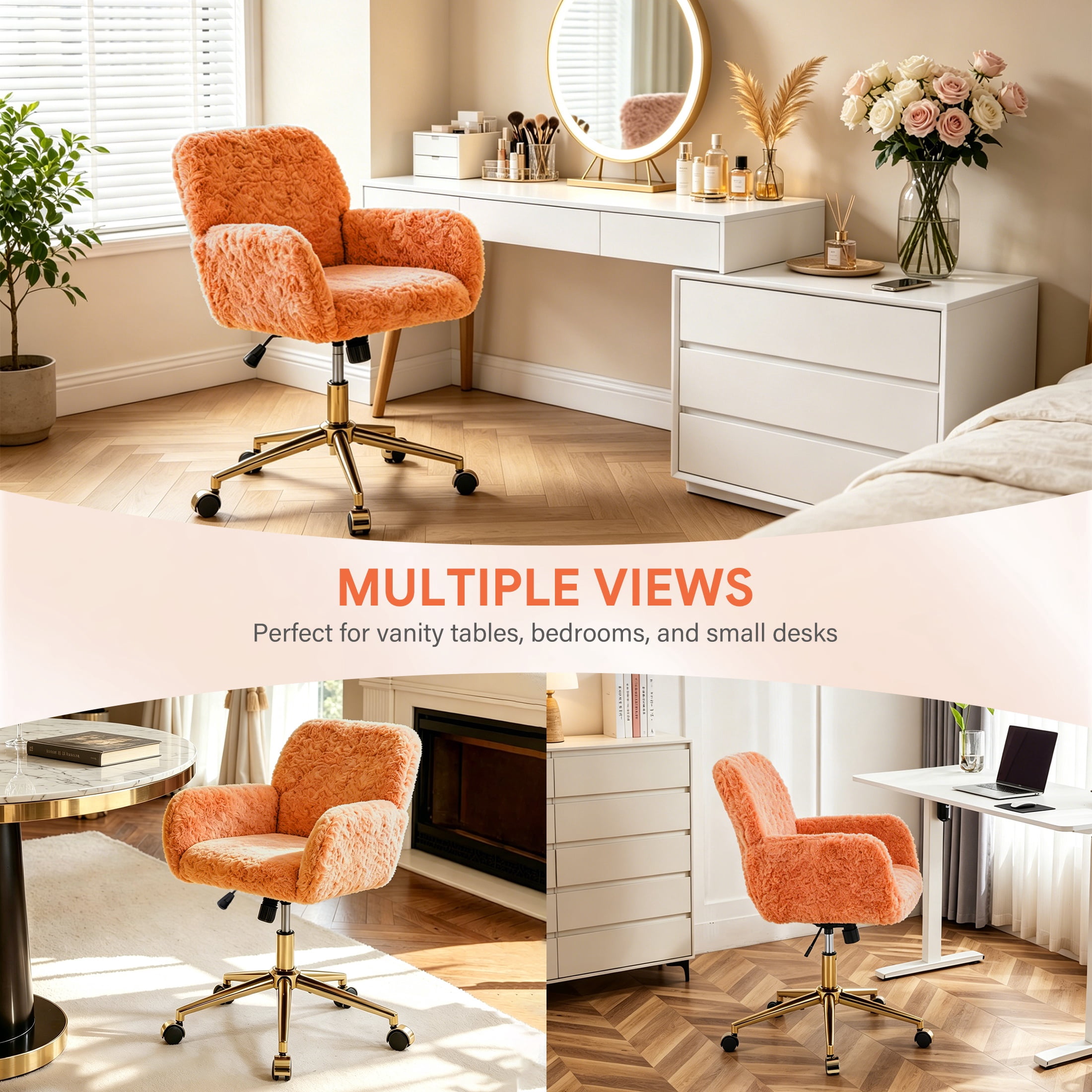 PAPROOS Vanity Chair with Back, Adjustable Swivel Makeup Desk Chair with Wheels and Arms, Fluffy Home Office Task Chair with Artificial Rabbit Hair for Bedroom, Dorm, Study Room, Orange