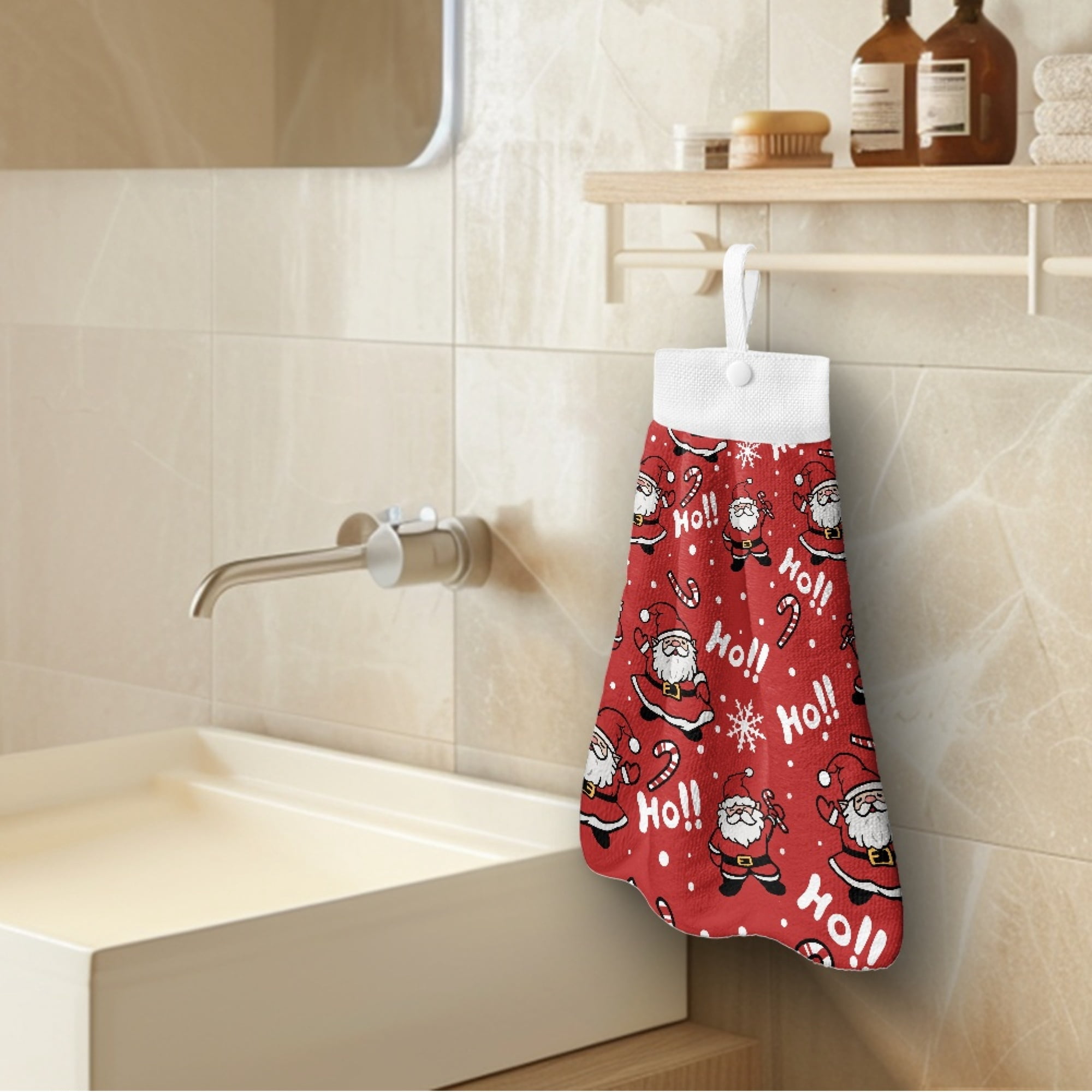 SEANATIVE Santa Claus Hand Towels for Bathroom Decorative Set of 3 HO HO HO Hand Towels with Loops for Hanging Christmas Hanging Hand Towels Highly Absorbent Fingertip Towel for Adults