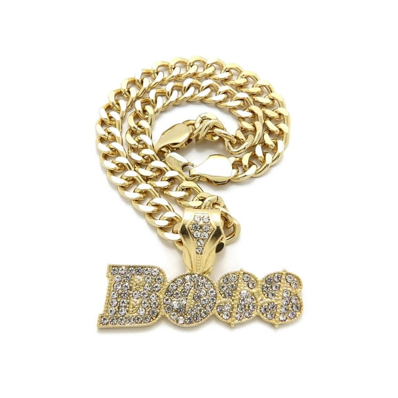 iJewelry2 Urban BOSS Script Crystals Encrusted Pendant Gold-tone Cuban Linked Chain Necklace