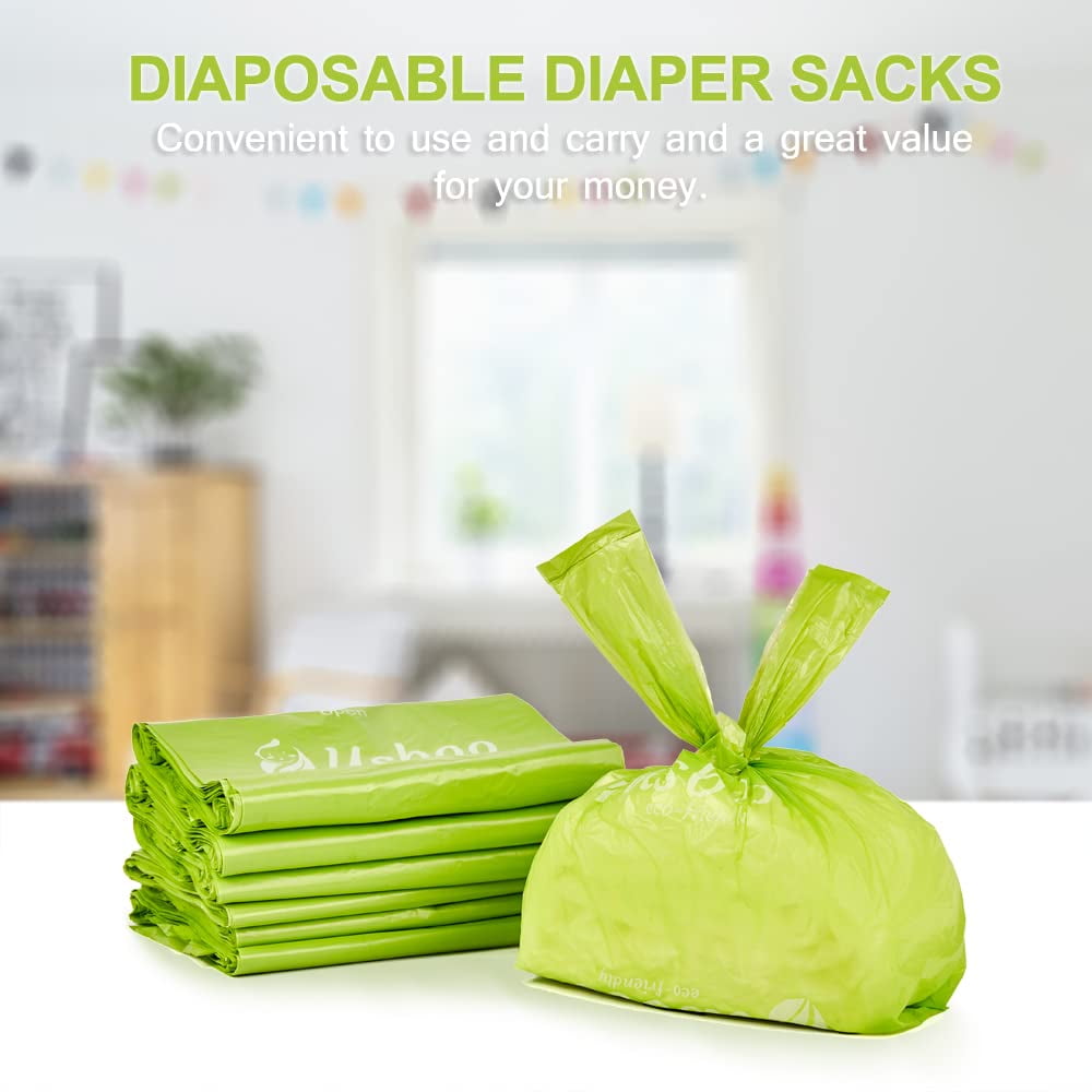 Baby Disposable Diaper Bags,300 Count -Biodegradable Diaper Sacks,Easy-Tie Handles,Diaper Disposal or Pet Waste Bags, Unscented