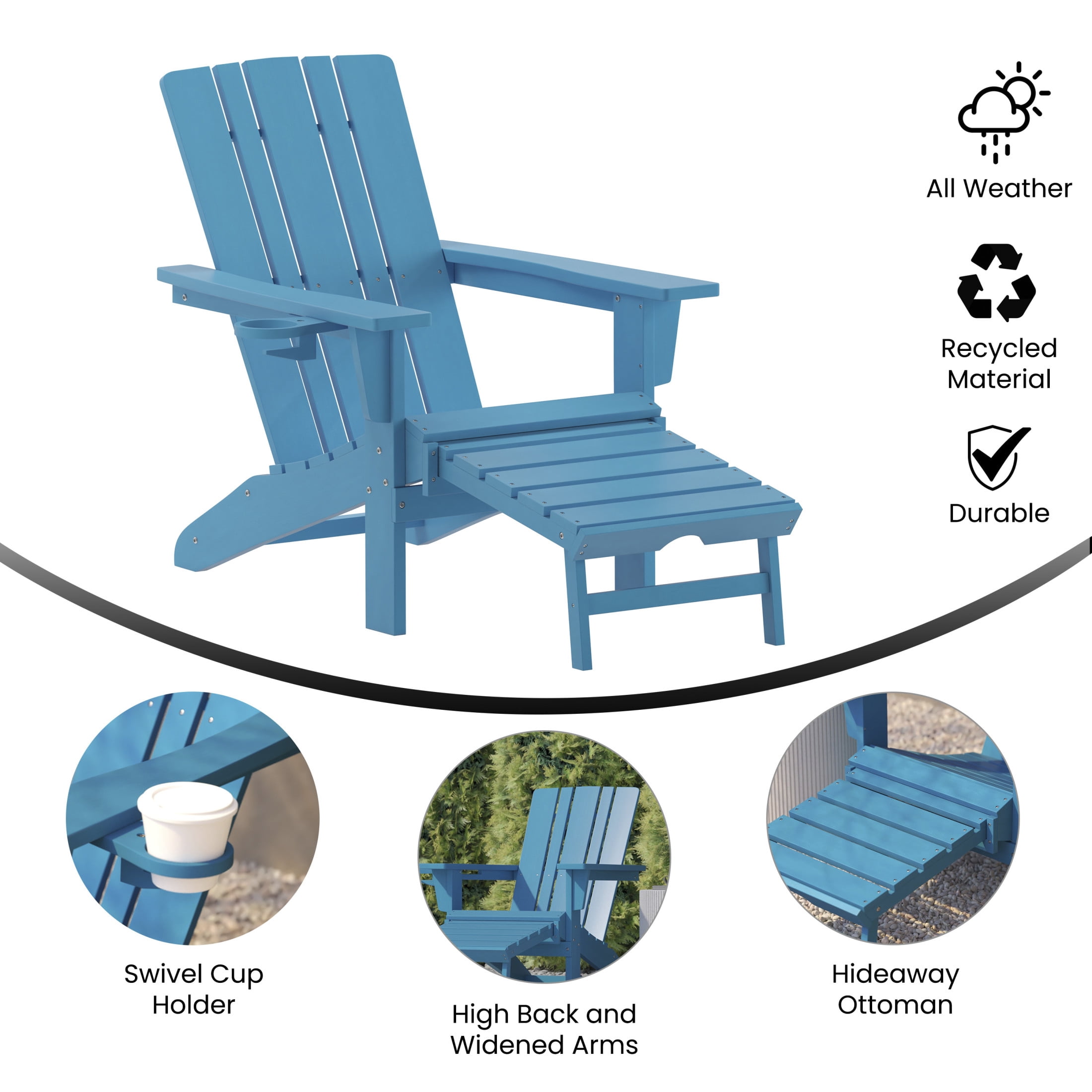 Flash Furniture Halifax HDPE Adirondack Chair with Cup Holder and Pull Out Ottoman, All-Weather HDPE Indoor/Outdoor Lounge Chair in Blue