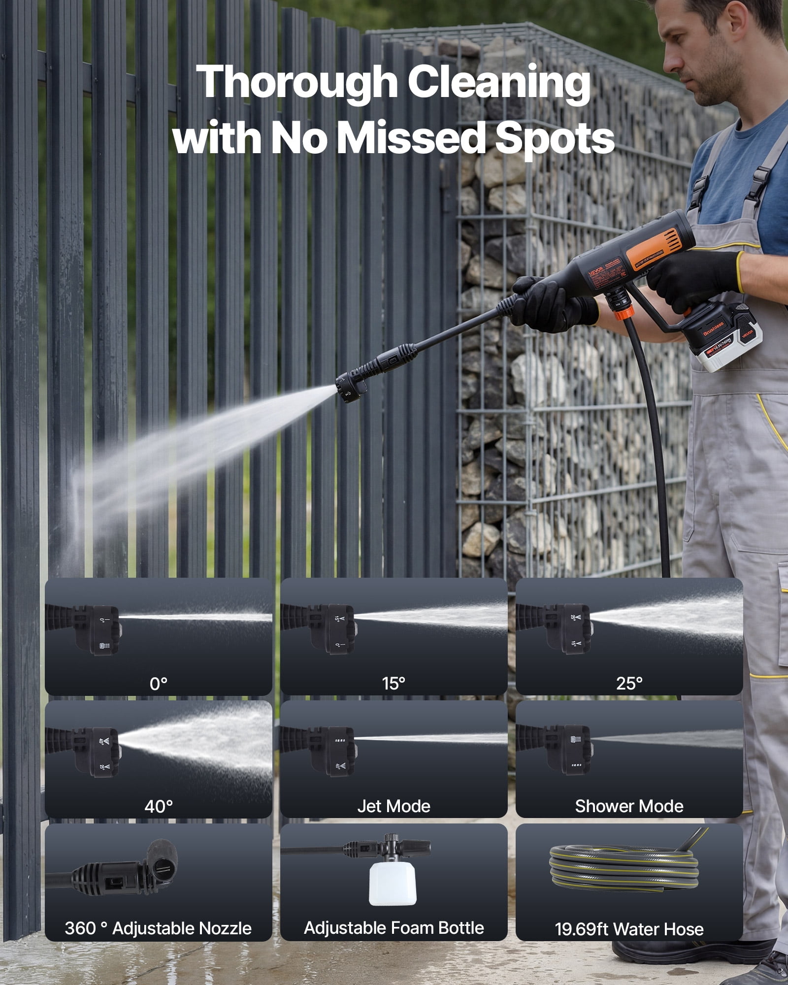 VEVOR Cordless Pressure Washer, 1200PSI MAX Portable Pressure Washer with Brushless Motor,  6-in-1 Nozzle & Water Hose, 4 Speed Adjustable,Battery Powered Handheld Power Cleaner for Home Garden Patio