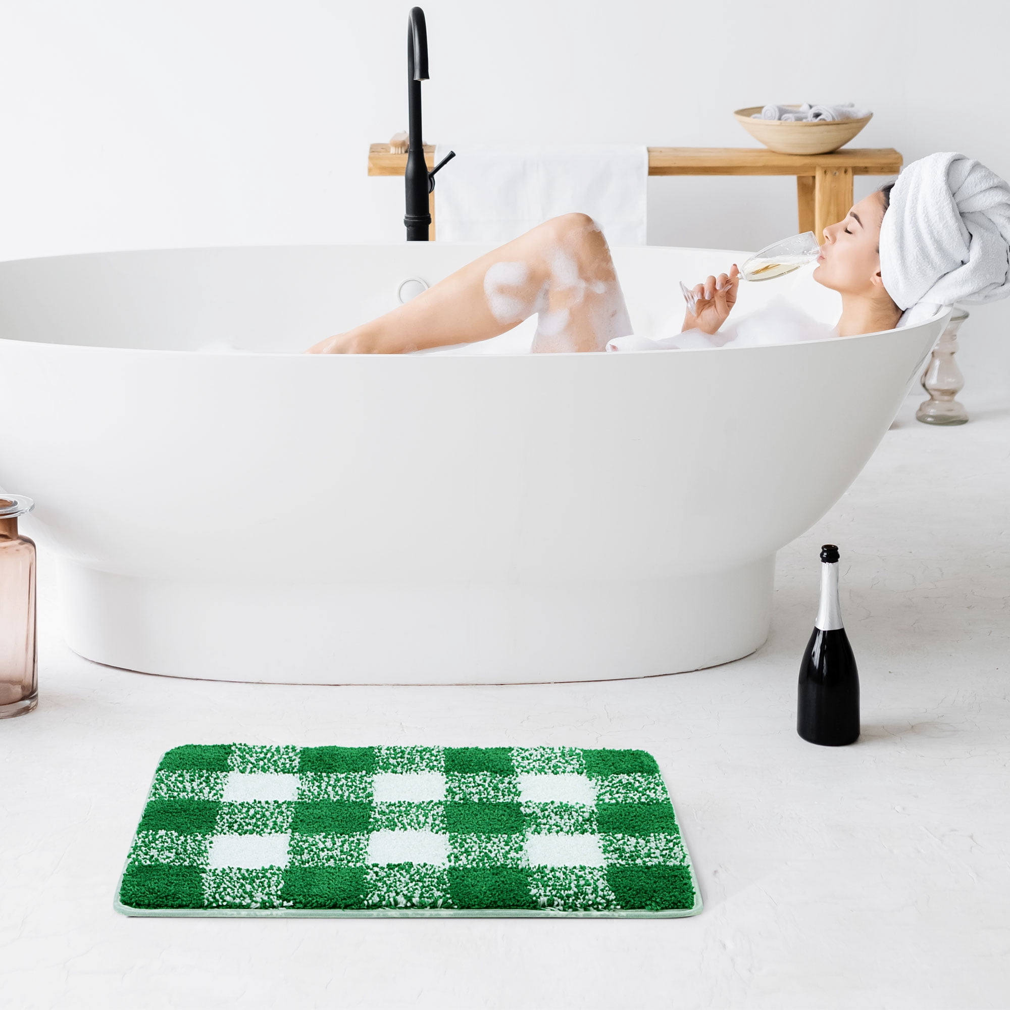 REGALWOVEN Microfiber Plaid Bathroom Rugs, 2 Pcs Extra Soft Fluffy Absorbent Bath Rug Green & White 17"x24"&17"x47"