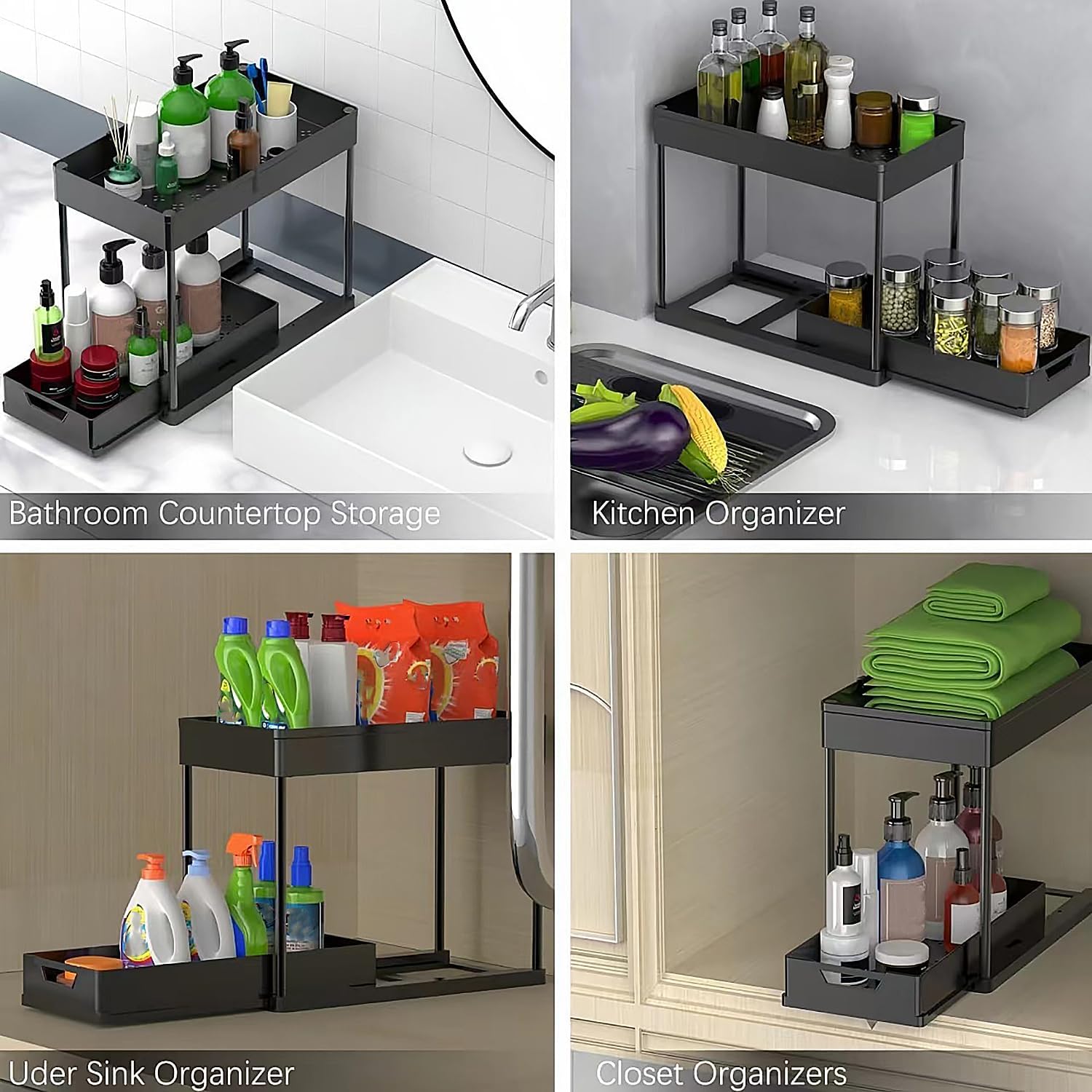 Highcool Under Sink Organizers and Storage, 2-Pack Pull Out Cabinet Organizer, 2-Tier Under Sink Shelf for Bathroom and Kitchen, Multi-purpose