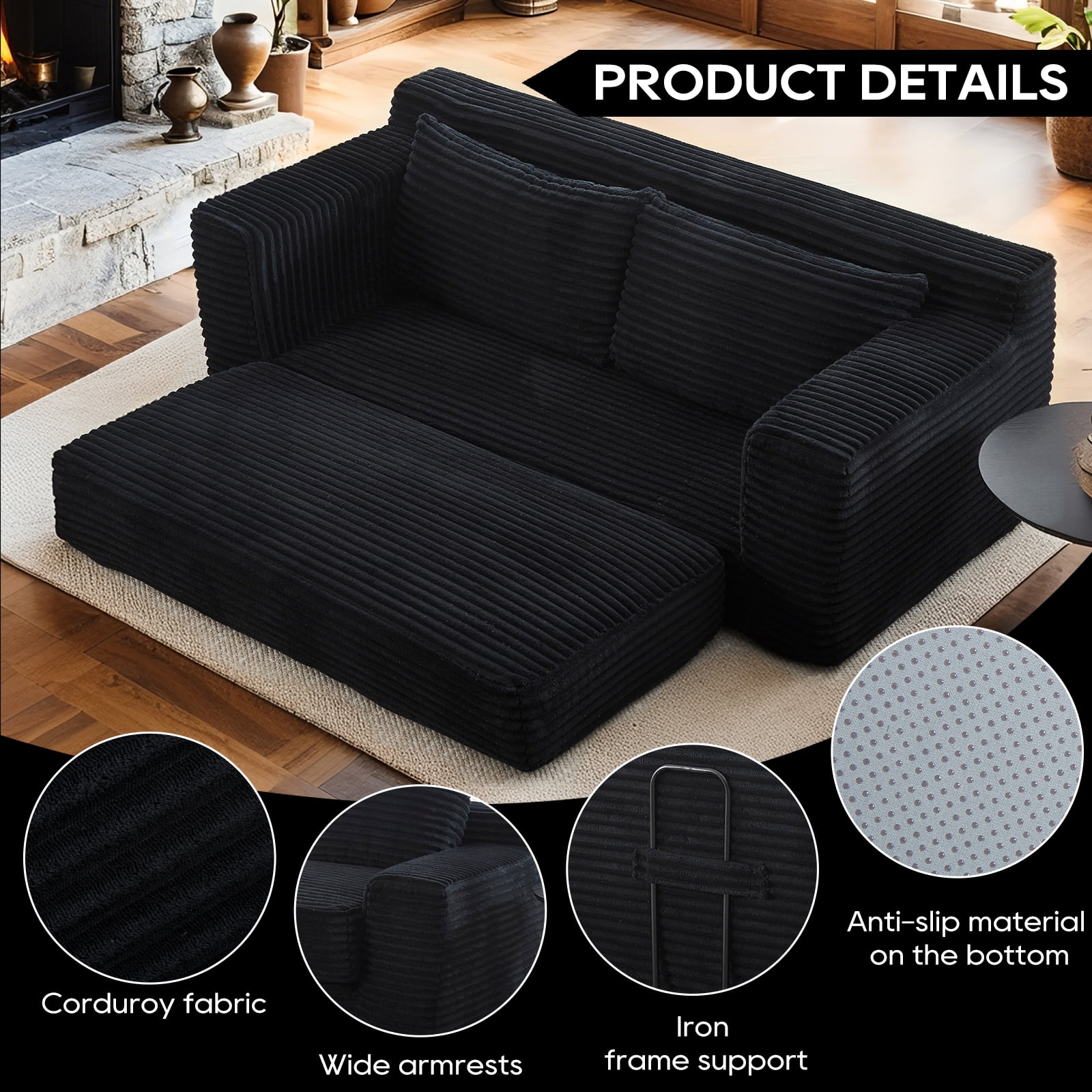 Leumius Convertible Loveseat Compression Sofa for Living Room,Corduroy 2 Seater Couch Memory Foam Sofa for Small Spaces,Apartments,Office,Black