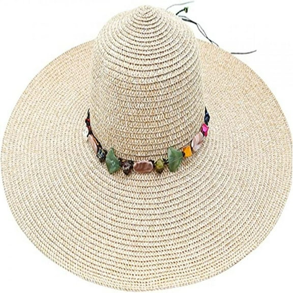Ladies Large Brim Straw Hat Foldable Roll Up Sun Hat, One Size Only