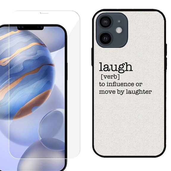 Slim-Fit Protective Phone Case (Black) compatible with iPhone 12 / iPhone 12 Pro, with Tempered Glass Screen Protector, by OneToughShield ® - Dictionary/Laugh