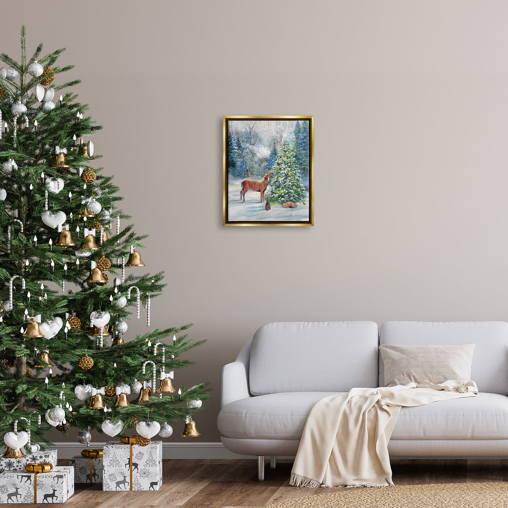 Stupell Industries Winter Woodland Animals Tree Holiday Painting Gold Floater Framed Art Print Wall Art