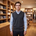thumbnail image 5 of Toptie Men Business V-Neck Knitted Sweater Vest, Cotton Fit Casual Solid Plain Sleeveless Pullover-Navy-L, 5 of 8