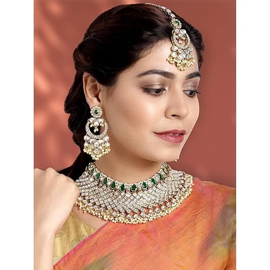 South Indian Bollywood Polki Kundan Guttapusalu Choker Necklace Set with White & Green Stones, Earrings & Maangtikka for Women