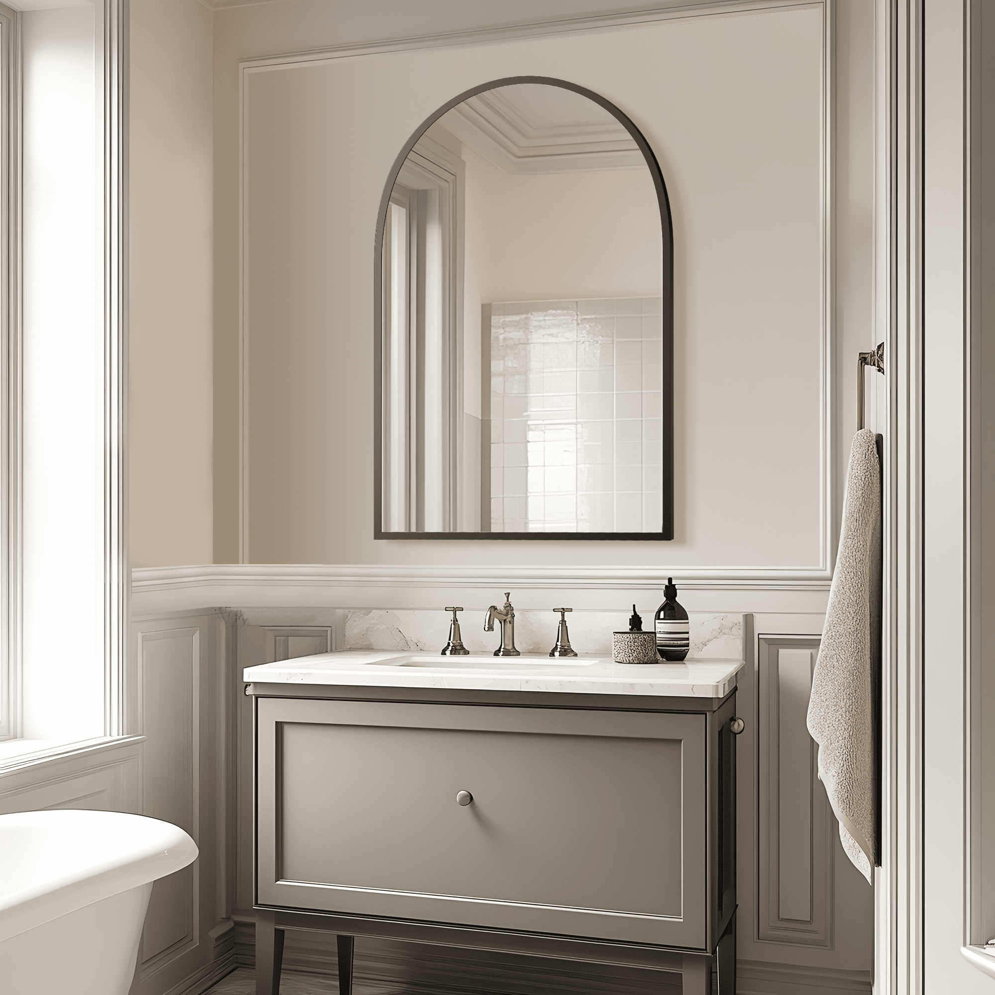 MAYEERTY Modern 36*24in Wall Mounted Mirror for Bathroom, Aluminum Frame, Right-Angle Arch, Black
