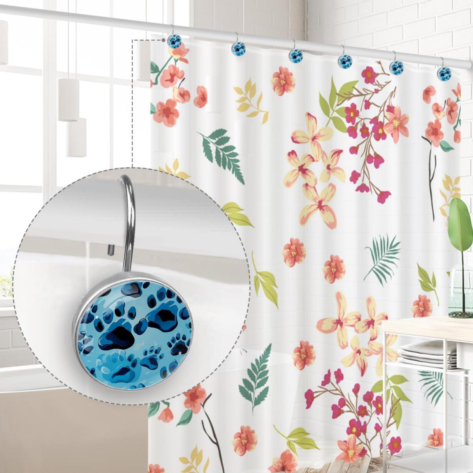 Blue Paw Footprints Shower Curtain Hooks Round Crystal Glass, Set of 12 Shower Curtain Rings - Shower Hooks for Curtain Shower Rings