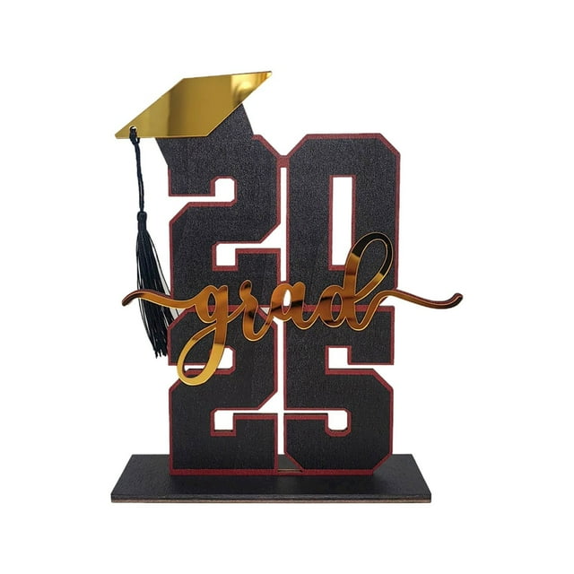 Harpily Desktop Ornament Graduation Decorations Sign Class of 2025 Graduation Table Sign Wooden Sign for High School College Graduates Bachelor Hat Design with Base Red A
