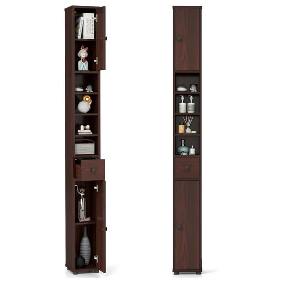 LILEYI Tall Slim Bathroom Storage Cabinet, 71" Freestanding Bathroom Cabinet w/ 2 Doors, 1 Drawer & 5 Adjustable Shelves, Floor Narrow Tower Cabinet for Small Spaces, 8" x 8" x 71" (Brown)
